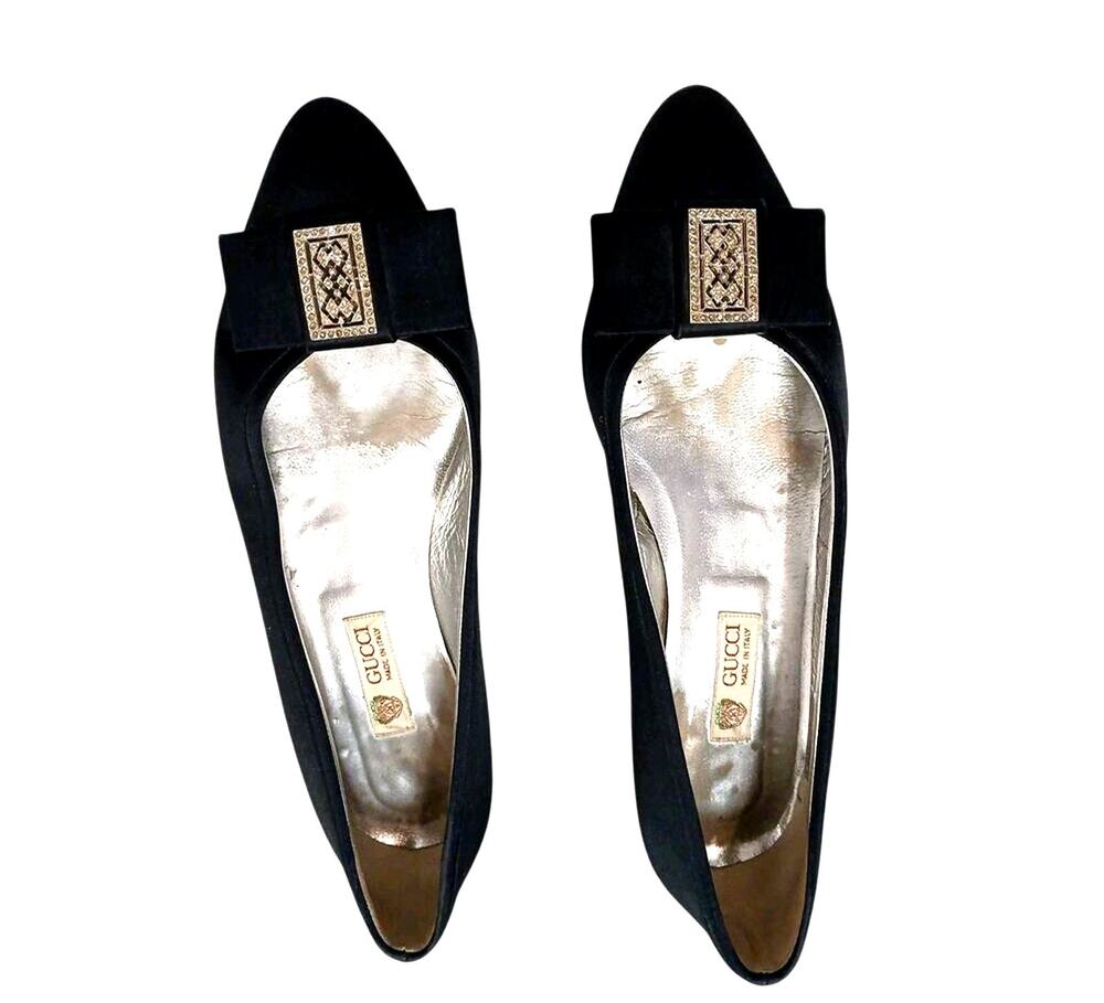 Gucci SILK Bow Flats Shoes Crystal Emblem 39 B Black Formal Glamor Ballerina